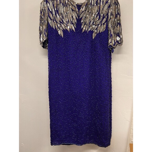 Vintage Formal Sequins Silk Beaded Dress Stenay 80’s Glamour Scallop Sleeves 14 - Picture 2 of 16
